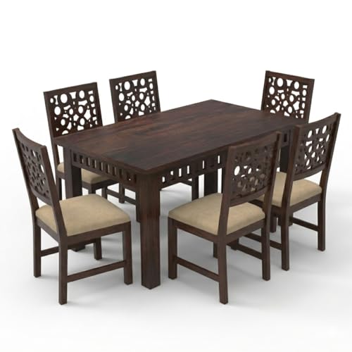 Image of WOODLAB Sheesham Wood 6 Seater Dining Table Set with Chairs | Wooden Dining Table for Home Dining Room | 6 Seater Dinner Table Set for Living Room and Home - Walnut Finish