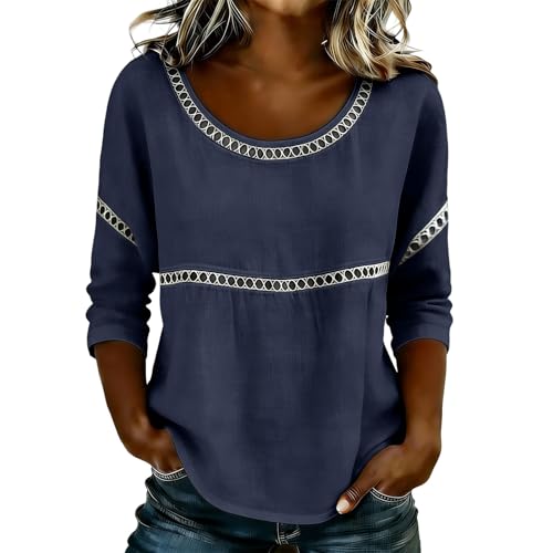 Womens Linen Tops 3/4 Sleeve Shirts Round Neck Loose Casual Tshirts Fashion Lace Patchwork Summer Tees for Vacation Navy