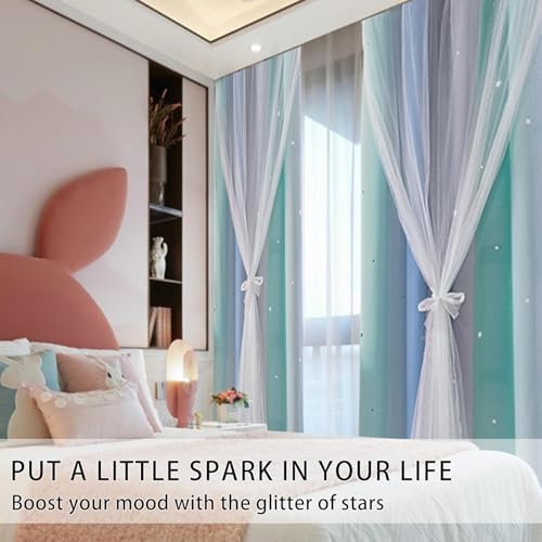 Image of XiDi Blue Green Grey 54 Inches Curtains for Girls Bedroom 2 Panels Set, Blackout Rainbow Curtains for Kids Room Decor, Unicorn Wall Decals Drapes for Little Girl Nursery Room 52 Inches Wide
