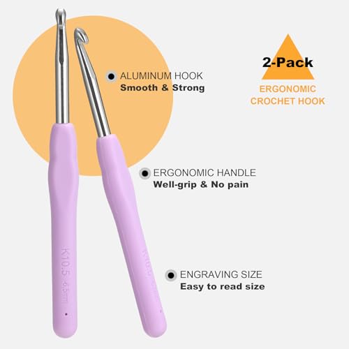 Image of 2Pcs 6.5mm Crochet Hooks, Ergonomic Crochet Hook for Arthritis and Beginners, Extra Long, Smooth, Comfortable (Size K / 6.5mm)