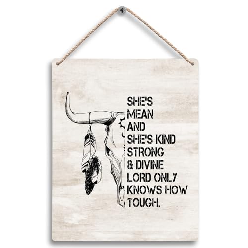 FUGWN Rustic Religious Wall Art, Rectangular Wooden Signs 12x6, Western Cow Skull Wall Decor, Motivational 'She's Mean She's Kind' Wall Art Gifts for Western Women Girls, Bedroom, Living Room, Office