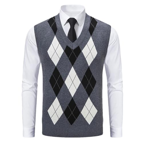 Men’S Soft Diamond Plaid V-Neck Sweater Vest Fashion Knitted Sleeveless Casual Fleece Pullover Tank Top
