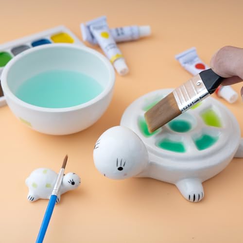 Turtle Design Ceramic Paint Palette with Water Bowl Brush Holder & Reusable Environmental Friendly Tray for Ceramic for Workspace Decor and Outdoor Sketching ,Gifts for Painting Lovers
