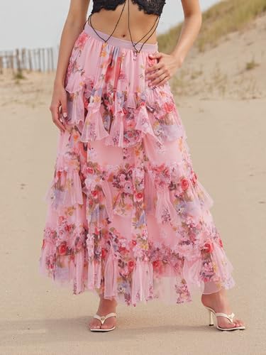 Women's Floral Mesh Skirt Irregular Flowy Layerd A Line Midi Skirt Summer Beach Vacation Skirt4