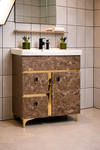 Image of hd Glass Bathroom Vanity Cabinet with Ceramic Basin, Grey Marble Finish, Gold Accents, 1 Door & 2 Drawers (1)
