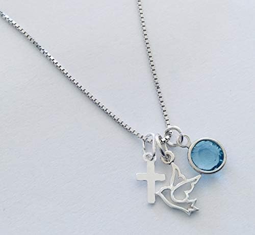 Sterling Silver Holy Spirit Necklace with Cross and Birthstone, Personalized Tiny Charm Necklace, Sterling Chain 16 18 or 20 Inch, Confirmation or Baptism Gift - Image 7