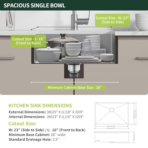 Image of 25-inch Undermount Kitchen Sink, SINKVINE Stainless Steel Single Bowl