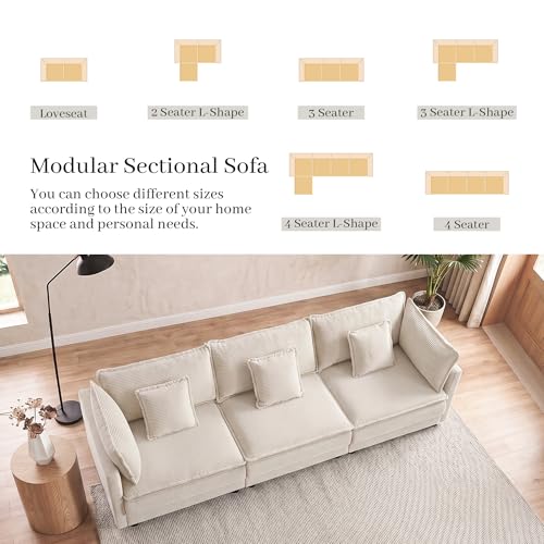Image of Corduroy Sectional Couch, 3 Seater 113 inch Cloud Couch, Modular Deep Seat Sofa with Pillows for Living Room, Apartment, Beige
