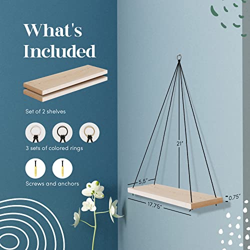 Omysa Boho Shelves - Set Of 2 Macrame Wall Hanging Shelf - Cute Boho Room Decor For Bedroom, Bathroom, Living Room - Rope Farmhouse Aesthetic Wooden Small Bookshelves - Plant, Window - Natural #TOP4