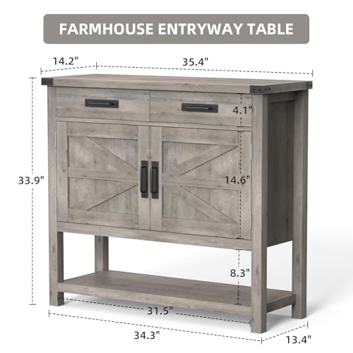 Farmhouse Console Table with 2-Door Cabinet & 2 Drawers, Coffee Bar, Entryway Table with Storage Shelf, Sofa Tables Buffet Sideboard for Kitchen, Hallway, Dining, Living Room, Grey