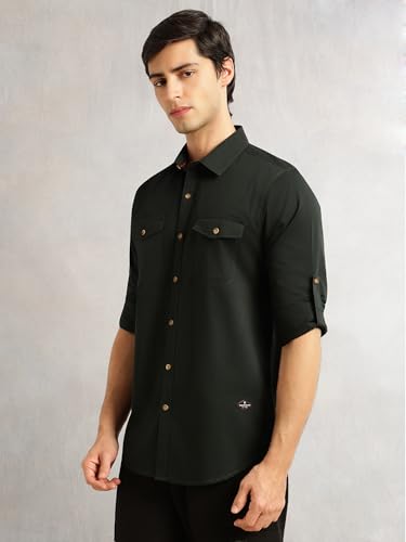 Image of Thomas Scott Men's Slim Fit Cotton Twill Casual Shirt | Long Sleeve | Spread Collar | 2 Flap Pockets | Solid Design