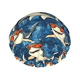 Large Shower Caps for Women Reusable - Cartoon Glasses Shark Print Double Layer Hair Cap for Shower with Peva Lining and Elastic Rope