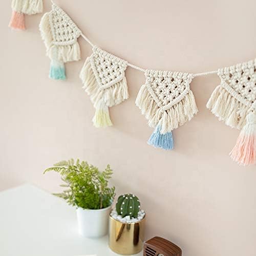 Macrame Color Woven Cotton Rope Handmade Fringe Tassel Banner Garland Hanging Wall Tapestry Boho Home Decor for Apartment, Bedroom, Nursery, Baby or Children Room or Party Decoration