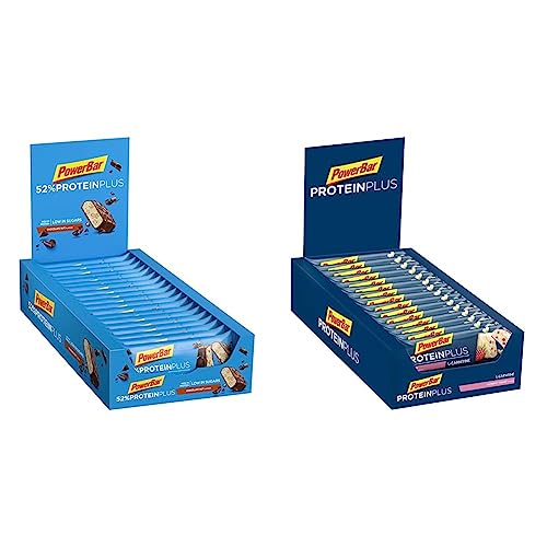 PowerBar Protein Plus 52% Chocolate Nut 20x50g - High Protein Low Sugar Riegel & Protein Plus + L-Carnitine Raspberry-Yoghurt 30x35g - Protein Riegel + Magnesium Calcium