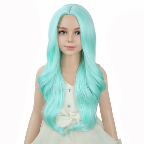 Image of PATTNIUM Mint Green Long Curly Wigs for Kids Girls Light Green Middle Part Heat Resistant Synthetic Wigs Halloween Cosplay Costume Party Wig