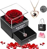 Conjunto de Colar e Rosa Eterna, com “Eu Te Amo” em 100 Idiomas, Presente Flor Eterna para Dia Das Mães, Dia Dos Namorados, Kit Presente Feminino Criativo para Mãe, Esposa, Namorada, Noiva, Amiga