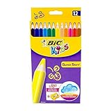BIC Kids Jumbo Dreikant Buntstifte Set für Kinder ab 3 Jahren - Malen wie Wachsmalstifte - Buntstifte 12er Set - 12 bruchsichere Stifte + Jumbo Anspitzer