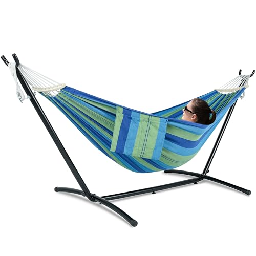 Image of GAFETE Double Hammocks with Stand for Outside, Max 600lbs, (Green Blue)