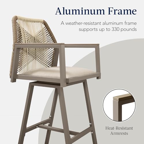Best Choice Products Outdoor Bar Stools Set of 2, Bar Height, 360° Swivel Aluminum Frame, All-Weather Woven Rope Chair Design w/Armrests - Taupe/Sandstorm - Image 8