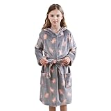 V.&GRIN Girls Fleece Hooded Robe, Kids Soft Plush Warm Printed Bathrobe Sleepwear Gifts for 5-14 Years（Gray Cat 9-10）