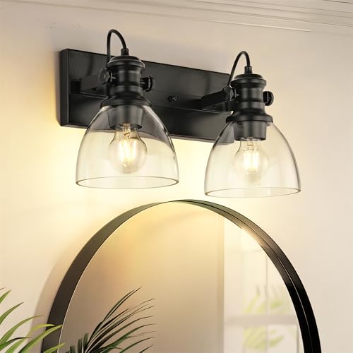 Image of 2-Light Black Bathroom Vanity Light Over Mirror, Clear Glass Shade | 16 inch Retro Vintage Vanity Lighting Fixture, E26 Base, Long Base Metal Frame, Ideal above Bathroom Mirrors, AD-22151-2W-BK