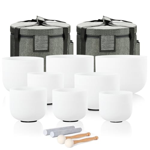 CVNC 432HZ 7-14 Inch Set Of 8 PCS Frosted Chakra Quartz Crystal Singing Bowls for Sound Healing with 2 PCS Travel Carry Case Bag