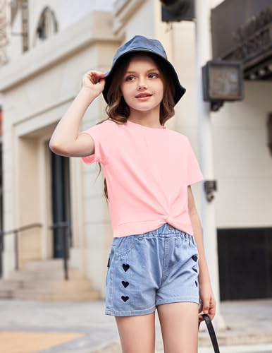 Image of Arshiner Girls Casual Tie Dye Short-Sleeve T-Shirt Cute Print Summer Blouse for Girls Twist Front Tunic Tee Tops