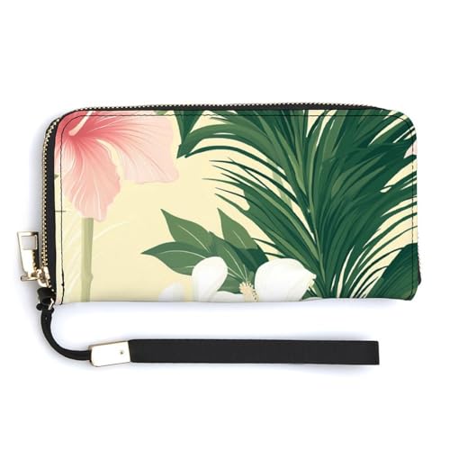 Pink Hibiscus White Orchids PU Leather Clutch Long Bifold Wallet, Coin Purse Credit Pass Case, Durable Card-Holder Money Storage for Women Men
