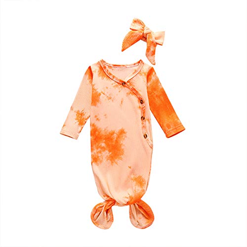 Toddler Baby Boy Girl Tie Dye Nightgowns Long Sleeve Sleeping Bags Knit Romper Pajama Set Ribbed Swaddle Knotted Blanket Sleepwear Nightwear Birthday Coming Home Outfit Headband Hat Orange - Button