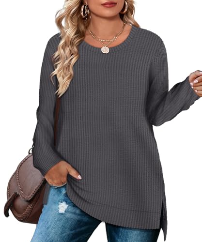 Image of RITERA Plus Size Women Sweaters Waffle Knit Pullover Top Long Sleeve Casual Crewneck Shirt Loose Split Hem Fall Winter Blouse