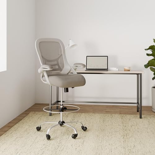 Image of HYLONE Drafting Chair, Tall Office Chair Standing Desk Stool with Adjustable Foot Ring, Flip-Up Arms, Mesh High-Back Drafting Table Chair, White & Grey