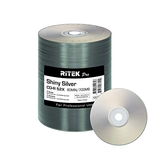 Ritek Pro Pacote Com 100 Cd-R (Nível Profissional) 52X 700 Mb, Laca Prateada Brilhante, Serigrafia, Mídia Em Branco Para Impressão, Disco Gravável
