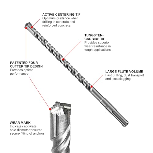 Image of SALI SDS Plus Rotary Hammer Drill Bit 10PCS 3 /16 inch*8 inch Concrete Drill Bit Kit Cross-Type Double Thread Carbide Material Suitable for Concrete, Brick, Cement Walls, Stone, Hammer Drill Bits for Concrete