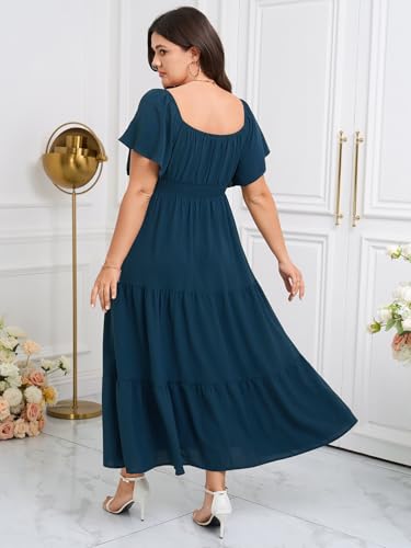 Image of SCOMCHIC Womens Plus Size Maxi Dress Formal Short Sleeve Square Neck Smocked Side Split Flowy A Line Tiered Long Dress