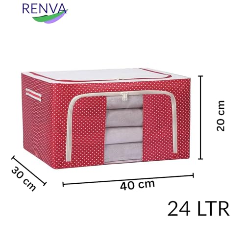 Image of RENVA 6PCS polycotton Clothes Storage Organizer Bins, Foldable Storage Bins-Cloth Steel Frame Storage Box with Foldable Clear Window & Reinforced Handles (Red, 24L-6)