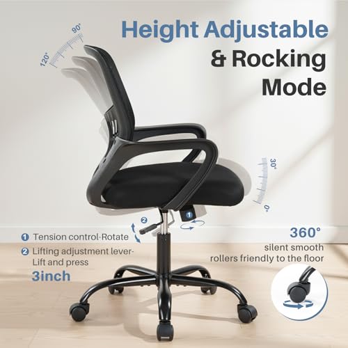 Image of DUMOS Home Office Computer Chair - Ergonomic Mid Back Desk with Lumbar Support and Rocking Mode, Height Adjustable with Fixed Armrest, for Conference Meeting Room, 360 Swivel, Adults, Black
