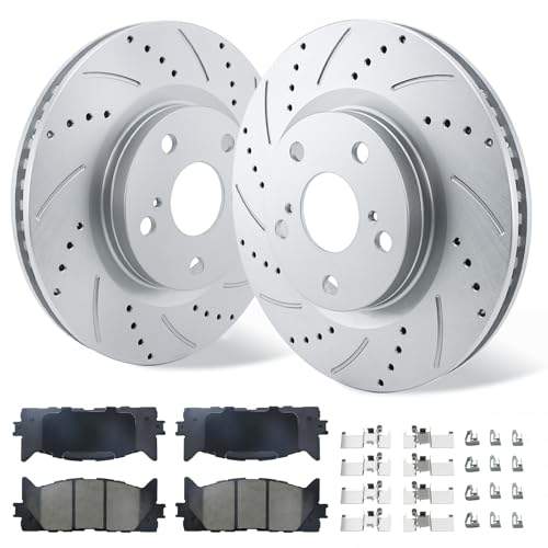 Front Brake Kit Fit for 07-17 Toyota Camry,08-18 Toyota Avalon,07-18 Lexus ES350,13-18 Lexus ES300h, Drilled & Slotted Brake Rotors Ceramic Brakes Pads Replacement,KOE3053 Brake Rotors Brake Pads