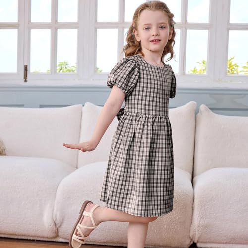 Little Bitty Toddler Girls Plaid Dress Puffy Sleeves - Gingham Summer Party Dress Bow Belt Birthday Easter Holiday | 2T-6T4