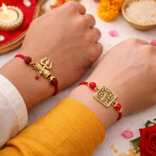 Image of Jaipur Ace Rakhi Gift Hamper for Bhaiya Bhabhi with Silver Plated Bowl Set, Pooja Thali, 2 Designer Rakhis, Roli Chawal, Raksha Bandhan Gift Set for Brother Bhabhi, Premium Rakhi Combo with Red Velvet Box