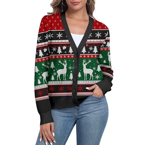 Image of Ugly Christmas Reindeer Cardigan Sweater Women Oversized Knit Open Front Tops Dear Christmas Reindeer Tree Funny X Mas 2024 Clothing Black L
