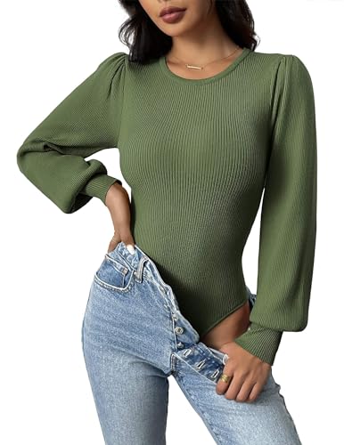 Image of Zeagoo Womens Sweaters Long Sleeve Bodysuits 2026 Fall Crewneck Puff Knit Pullover Tops