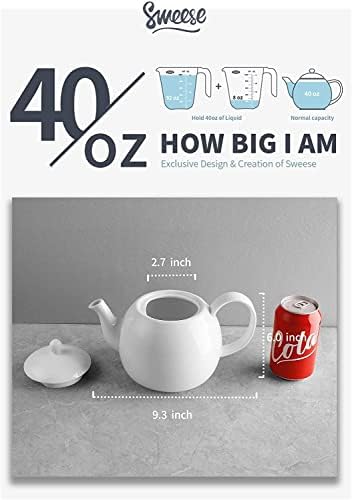 Sweese 220.101 Porcelain Teapot, 1200 ml Tea Pot - Large Enough for 5 Cups, White