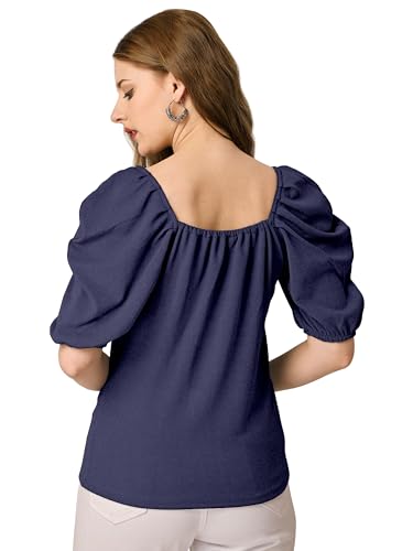 Image of Mehrang Women's Solid Ribbed Crop Tank Top Ribbed Tops for Women V-Neck 3 /4th Balloon Sleeves