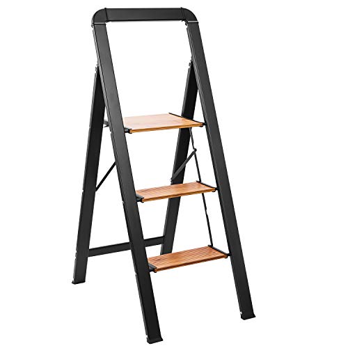 Delxo Aluminum 3 Step Ladder,2020 Upgrade Lightweight Folding Step Stool with Long Handle, Anti-Slip Study Pedal, Classic Wood Look Without Wood Worry Step Ladder, Hold Up to 330LB