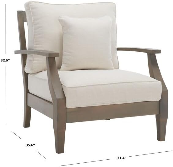 SAFAVIEH Couture Outdoor - Martinique Armchair - Light Grey & Beige - Solid Wood - Slatted Coastal Design - Ideal for Patio, Deck, Porch, Backyard, 18.3" Seat Height (CPT1011C)