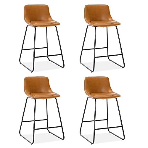Modern 24 Faux Leather Bar Stools Set of 4 for Kitchen Island, Whisky Brown