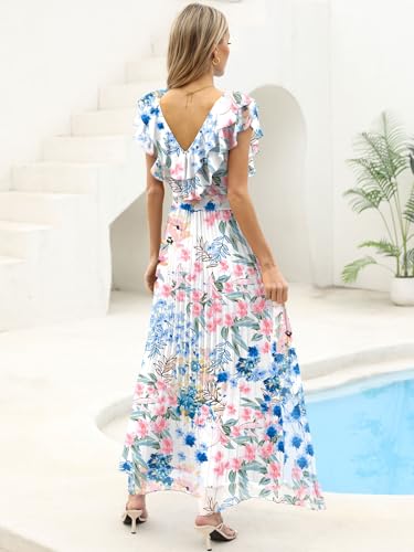 ANRABESS Women V Neck Ruffle Sleeve Floral Pleated Maxi Dresses Summer Boho Belt Empire Waist Wedding Guest Party Flowy Dress Floral Blue Pink X-Large — view 3