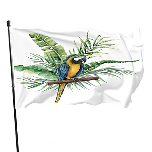 Bandera de jardín de loro y hoja tropical de 3 x 5 pies, animal exótico, pájaro, plátano, palmera, árbol, rama verde, bosque, poliéster, banderas de patio, casa, patio, césped, interior, exterior, p
