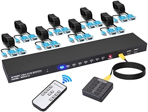 VGA KVM Switch, 8 Port USB VGA KVM Switcher for 8 Computers Share 1 Monitor 4 USB Devices, Keyboard Mouse Scanner Printer, Including 8 KVM Cables, Remote Control & Desktop Control