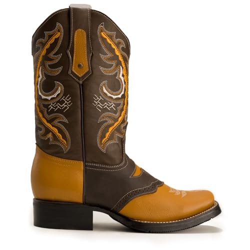 Joe Boots VE030 Men's Western Boots Tan/Brown: Square Toe Rubber Sole Cowboy Boots & Rodeo Boots in Genuine Leather, Leather Mask Longhorn Imprint Size 10